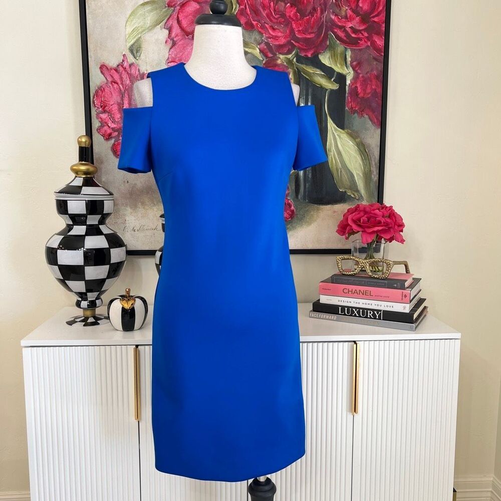 Calvin Klein Women's Exposed Back Zip Cold Shoulder Sheath Dress Blue Size 4
